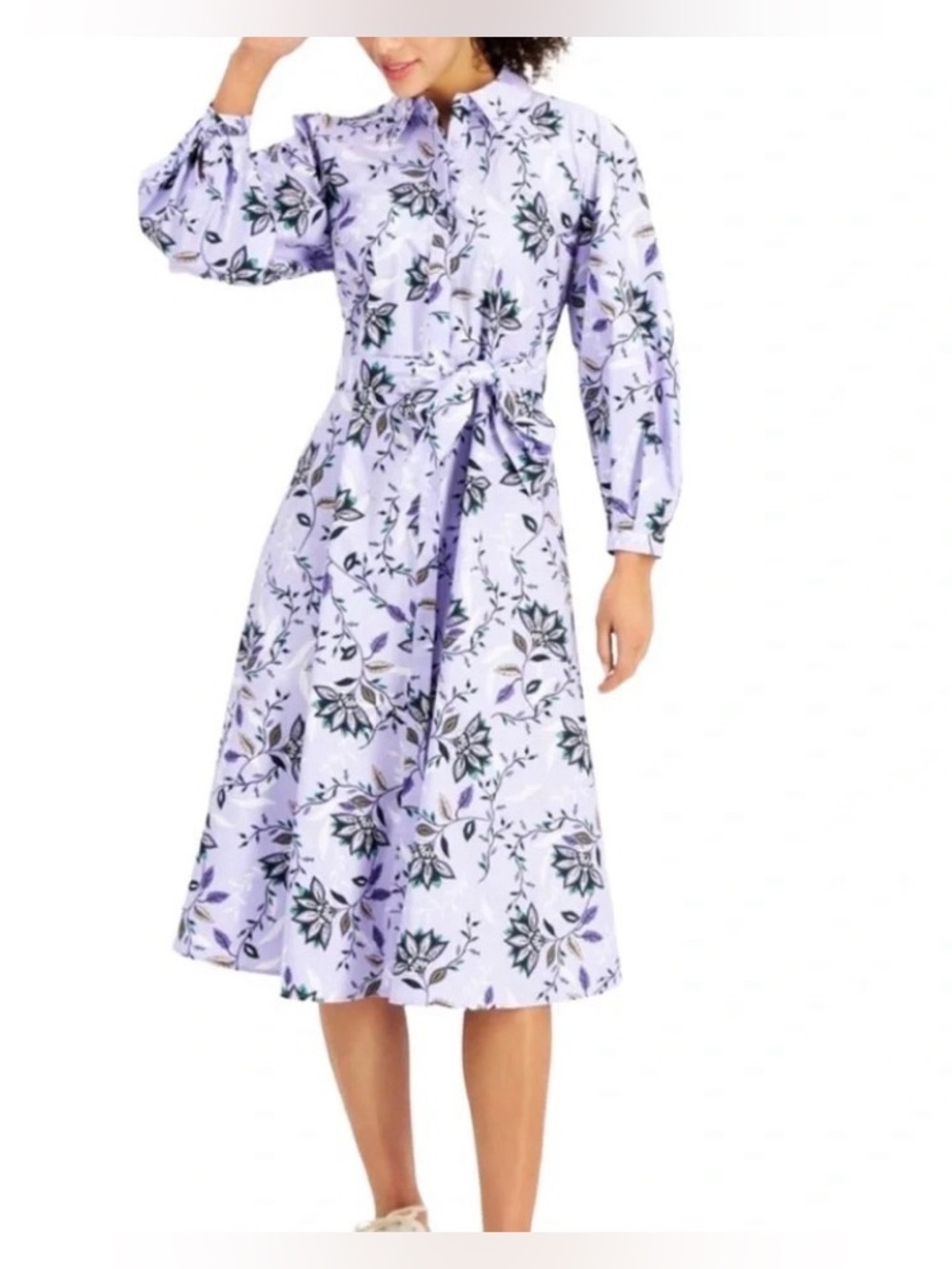 Charter club Lavender Floral Shirt Dress Tie Waist Long Sleeve Brunch Work XL